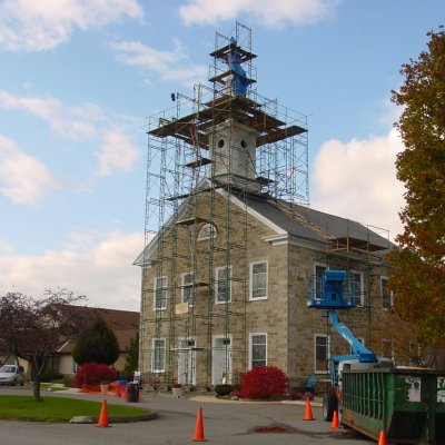 During the restoration phase of steeple, window frames, cornice